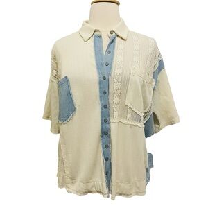 POL Lace and Chambray Button-Down Shirt sz M